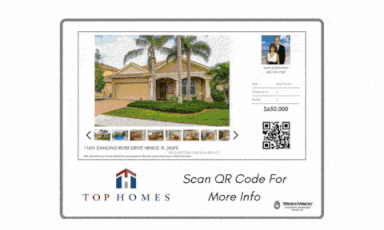 Real estate listing for a house with images, price $450,000, QR code, and agent contact info.