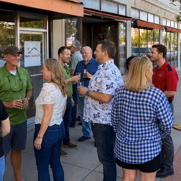 Group of people talking and holding drinks outside a business with a Home Buying U sign in the window.