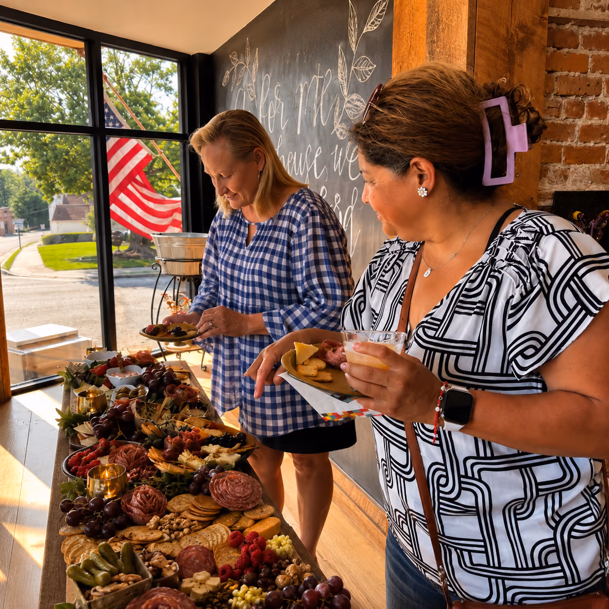 Two women serve themselves from a large charcuterie spread near a window with an American flag outside.