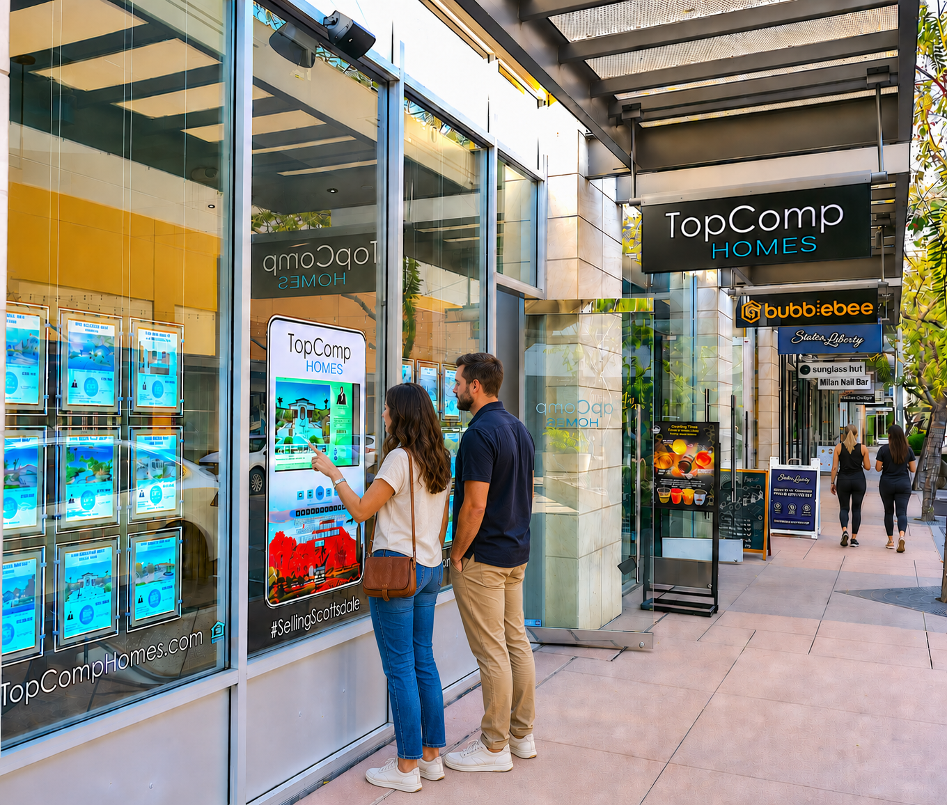 Modern residential complex with multiple mid-rise buildings surrounded by green lawns, trees, and pathways under a blue sky with scattered clouds and sunlight.