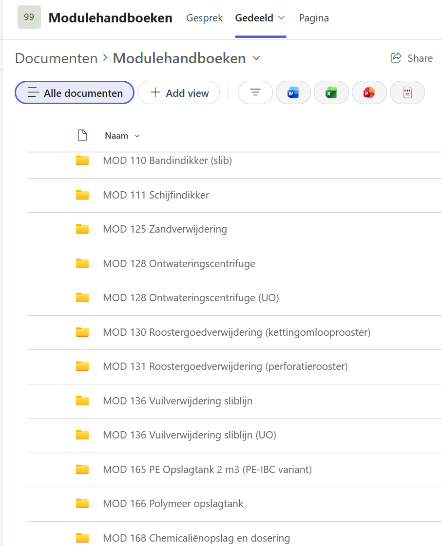 Scherm van een gedeelde map 'Modulehandboeken' in een online documentbeheersysteem, met mappen gelabeld met modulecodes en namen zoals MOD 110 Bandindikker, MOD 111 Schijfindikker, MOD 125 Zandverwijdering, en meer, met opties voor documentweergave en knoppen voor Microsoft Word, Excel, PowerPoint en PDF.