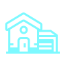 Blue outline icon of a house with a garage and round window above the door.
