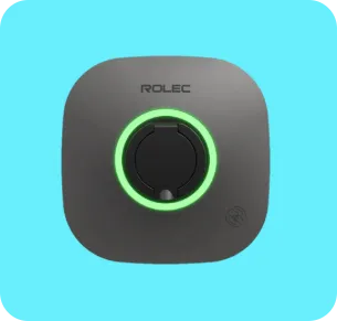Square Rolec EV charger with a glowing green ring on a blue background.