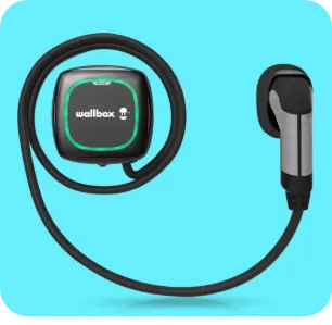 Wallbox EV charger with coiled black cable and plug on a blue background.