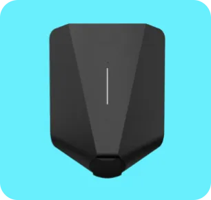 Black, angular electric vehicle charger unit against a blue background.