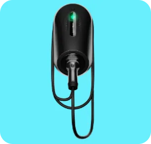 Black wall-mounted electric vehicle charger with green indicator light on a blue background.