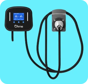 Ohme electric vehicle charger with display screen and attached charging cable on blue background.