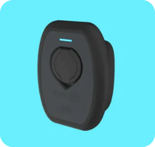 Black electric vehicle charger with a cover and blue indicator light on a turquoise background.