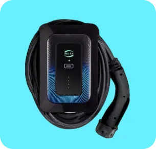 Indra Smart Lux EV charger with coiled cable and ergonomic plug on a blue background.