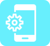 White smartphone icon with a gear symbol on a light blue rounded square background.