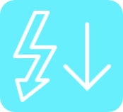 White lightning bolt and downward arrow on a light blue background symbolizing cheaper electricity.