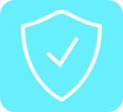 White shield outline with check mark inside on a light blue rounded square background.