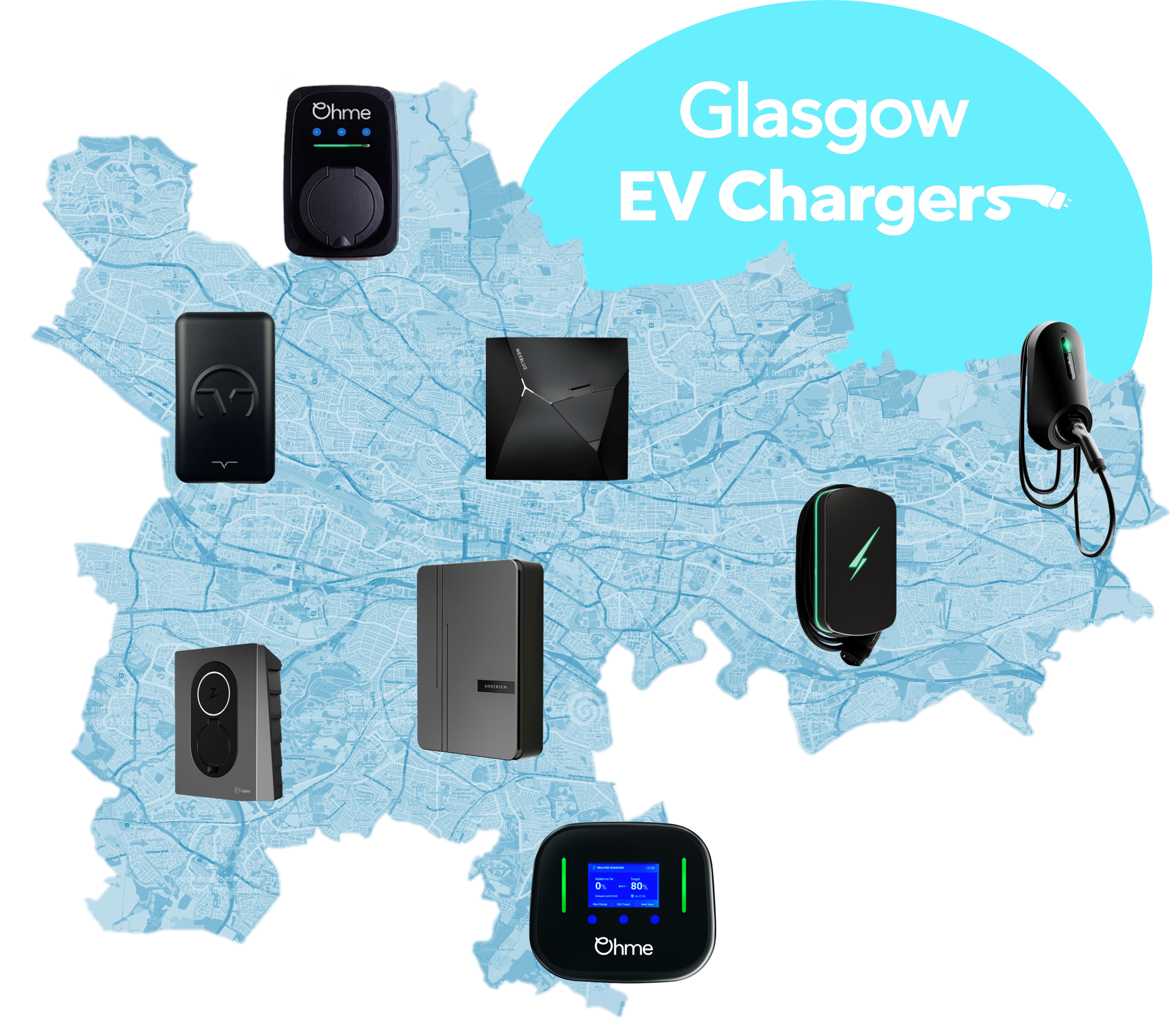 Map of Glasgow with images of various electric vehicle chargers and text Glasgow EV Chargers.