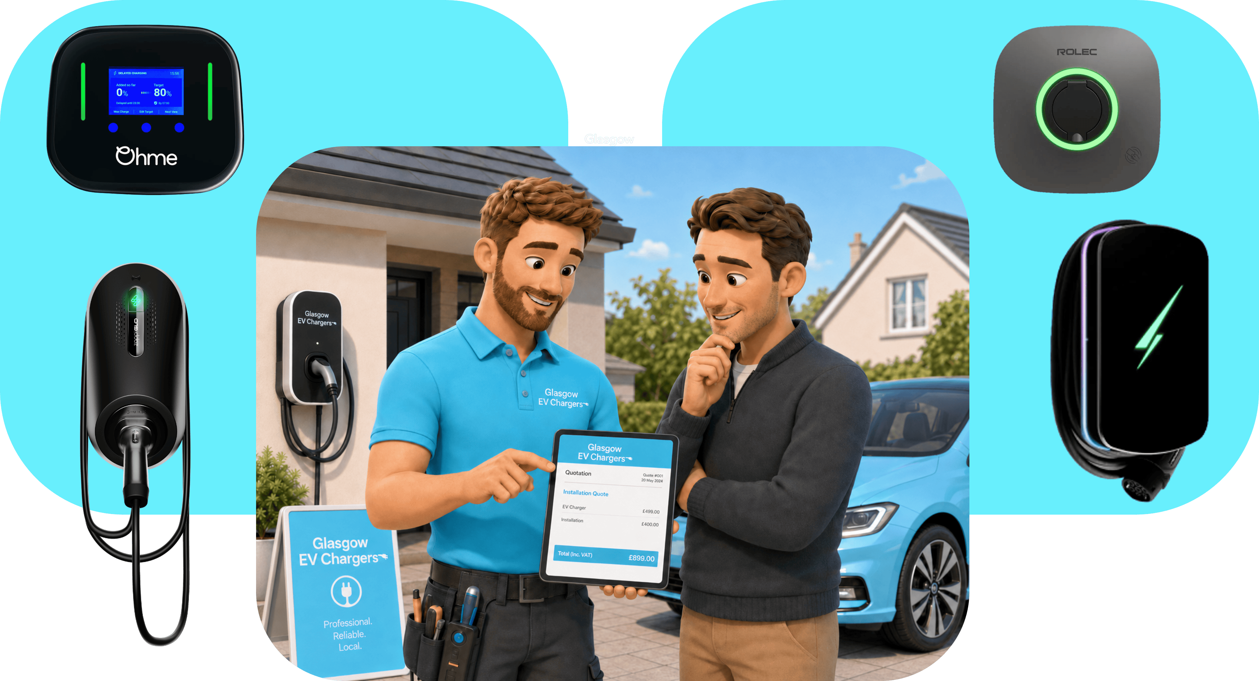 Friendly Glasgow EV Chargers installer in a blue branded polo showing an EV charger installation quote on a tablet to a customer outside a house, with a wall-mounted charger, branded sign and blue electric car in the driveway.
