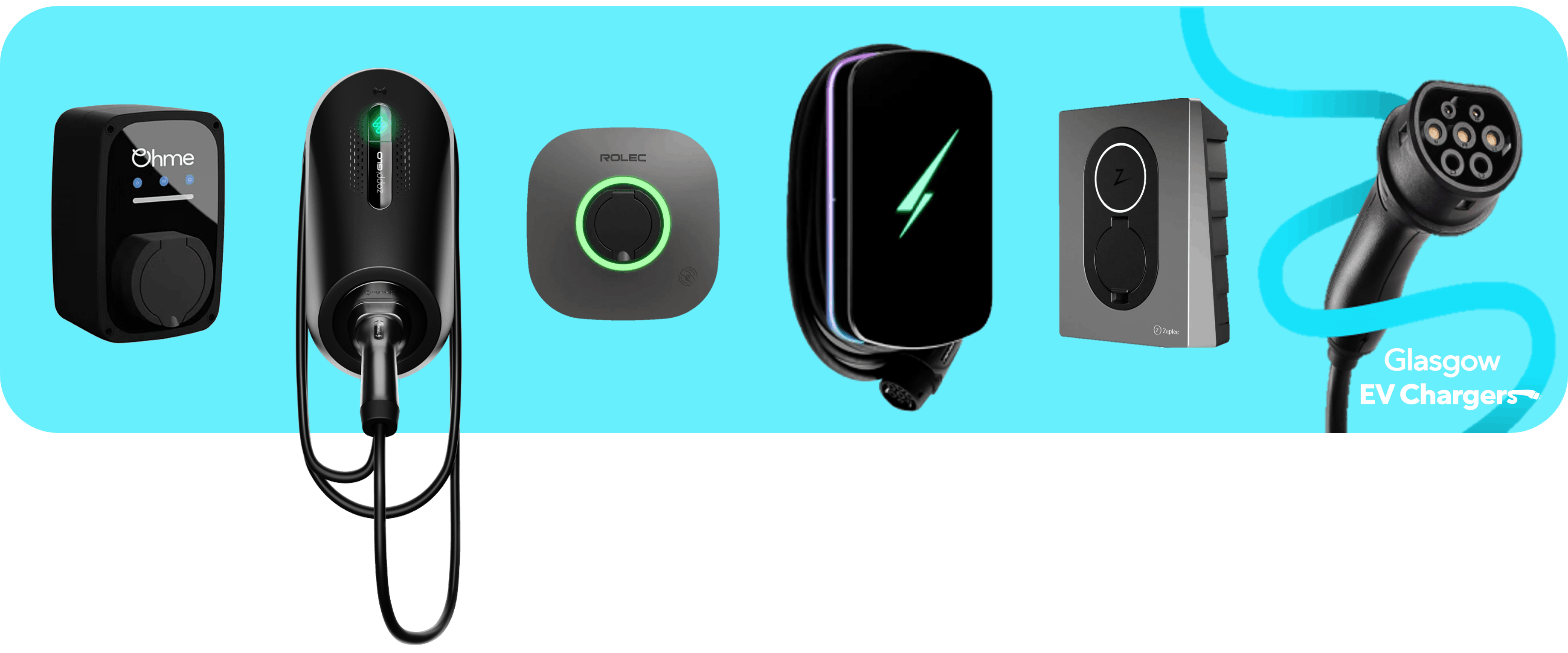 Six electric vehicle chargers and a charging plug on a blue background with Glasgow EV Chargers text.