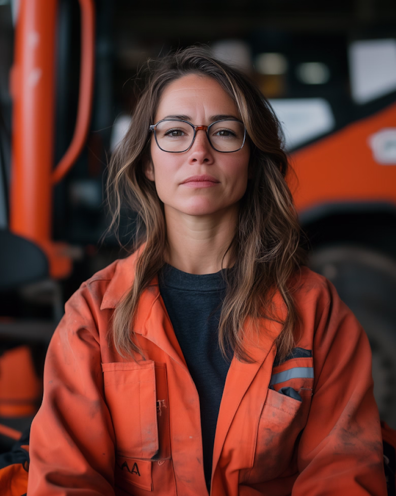 Woman in glasses wearing an orange work jacket standing in front of industrial equipment