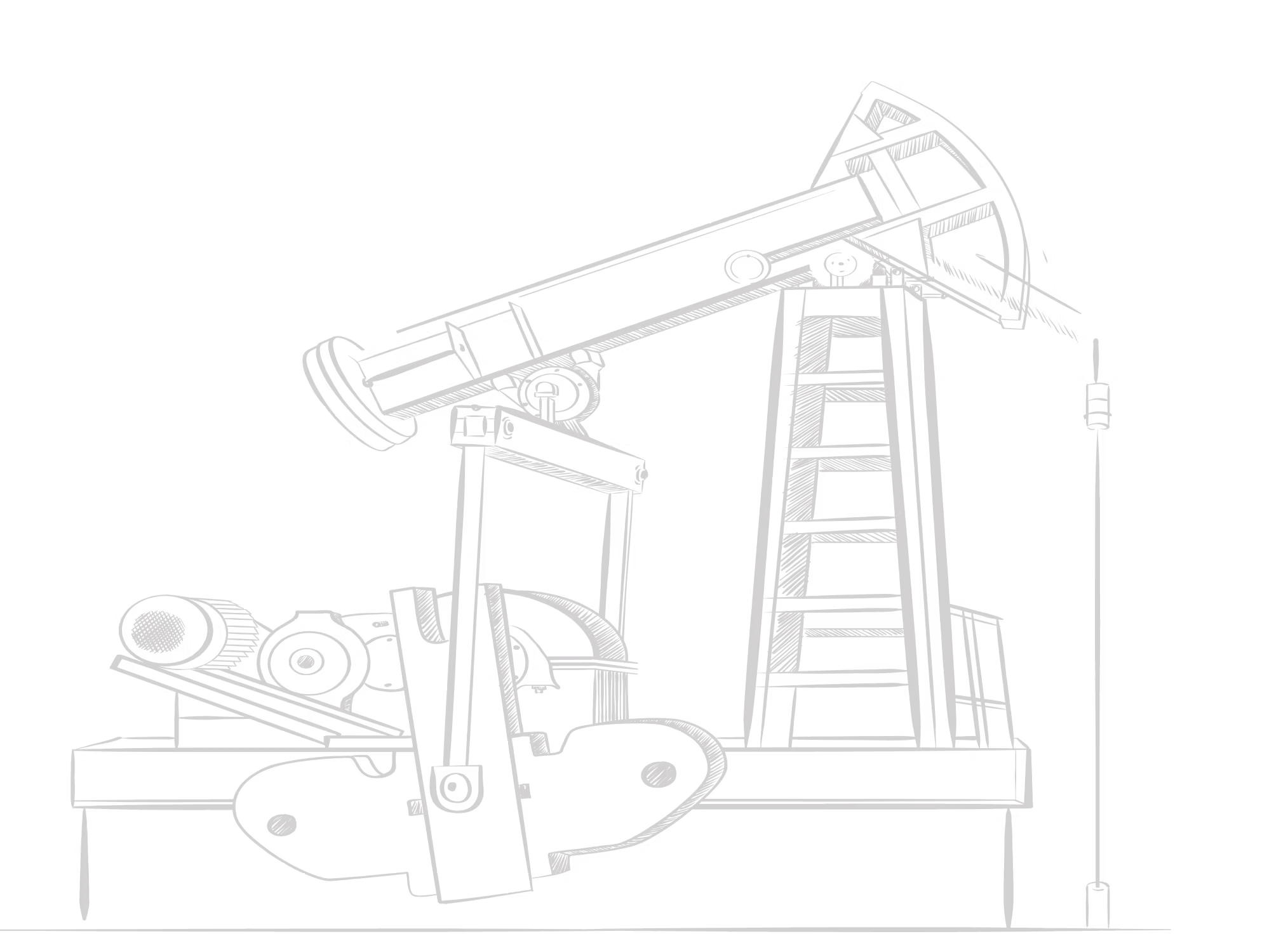 Black and white sketch of an oil pump jack used for extracting crude oil.