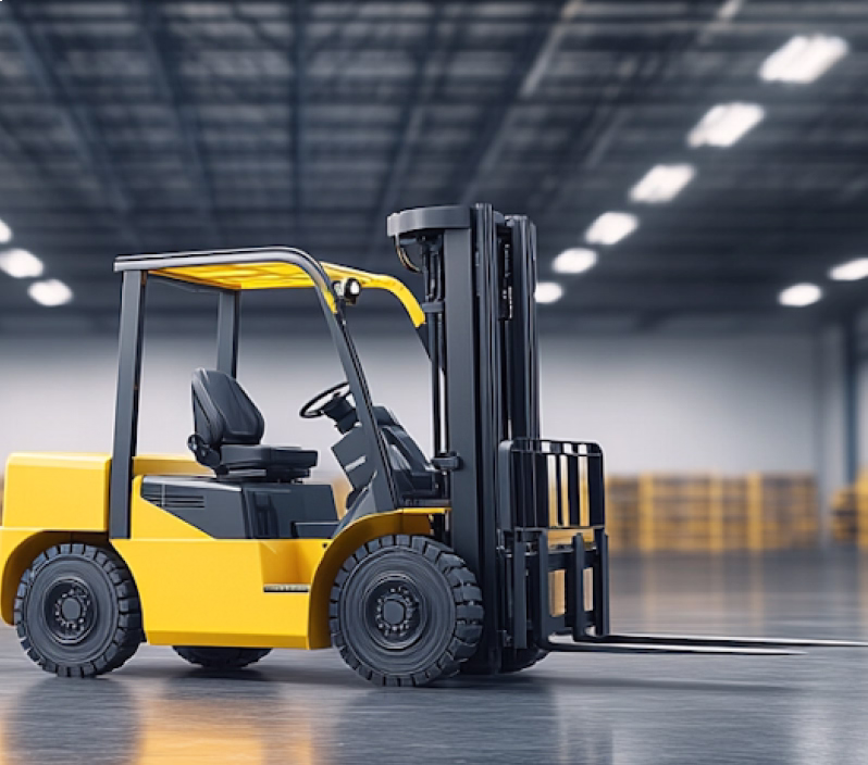 Yellow forklift parked inside a warehouse with pallet racks in the background.