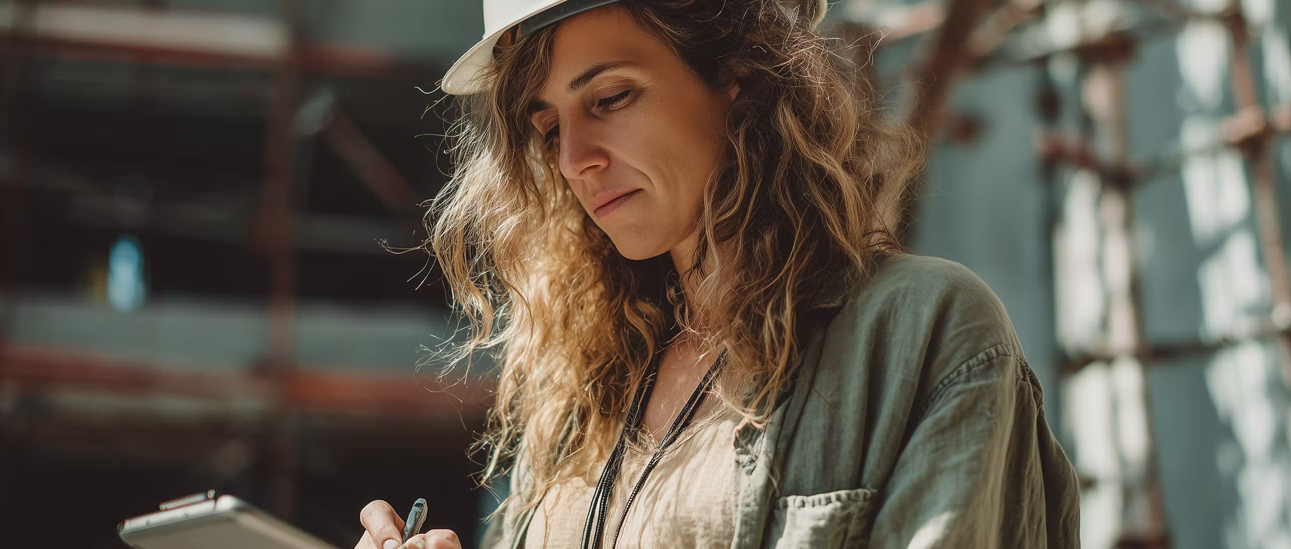 Woman engineer wearing a hard hat and holding a pen and clipboard at a construction site.