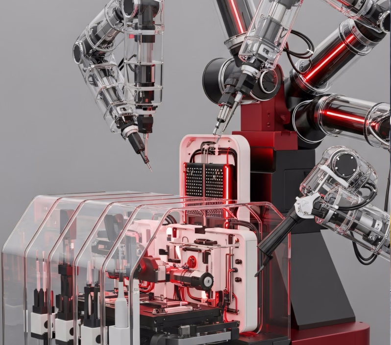 Transparent robotic arms with red lights operating a high-tech machine inside a clear enclosure.