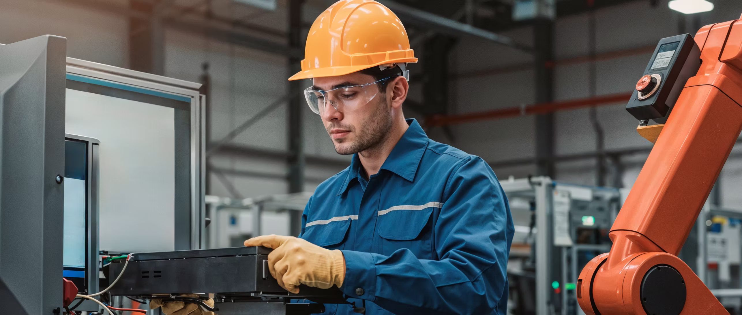 Engineered worker wearing a helmet and gloves operating industrial equipment in a factory.