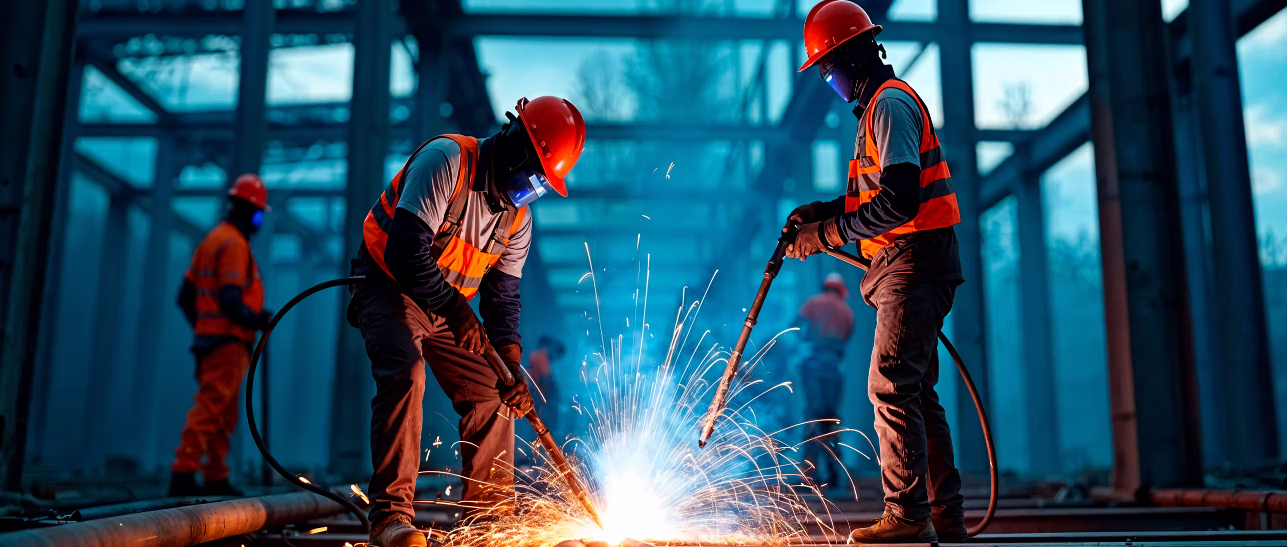 Two construction workers in helmets and vests welding metal with sparks flying indoors.