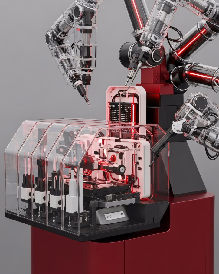 Robotic arms with transparent casing operating advanced machinery with red and black components.
