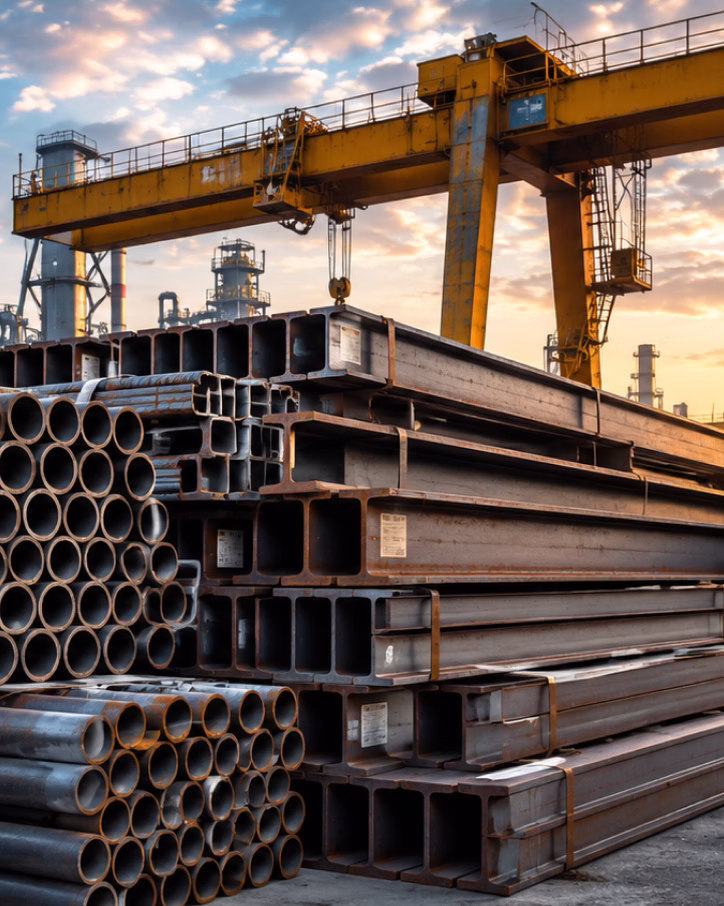 Stacks of steel beams and pipes in an industrial yard with a yellow crane and factory structures.