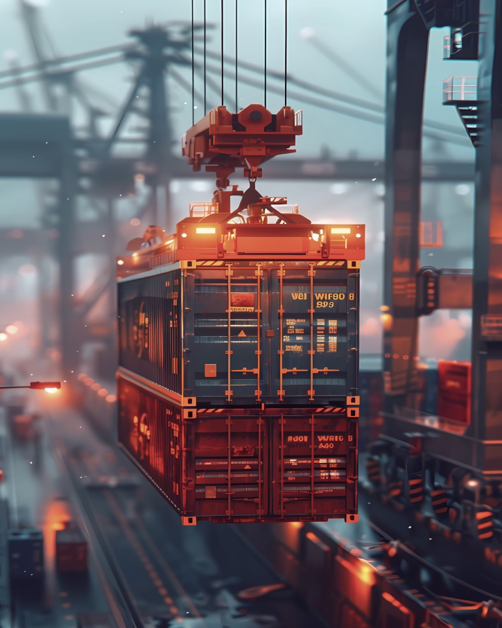Cargo container being lifted by a crane at a busy shipping port during dusk.