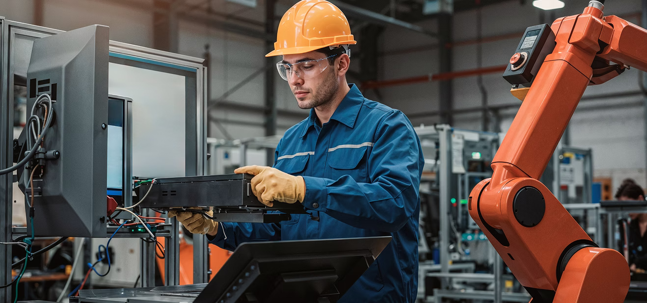 Engineer in hard hat and gloves working with machinery and a robotic arm in a factory setting.