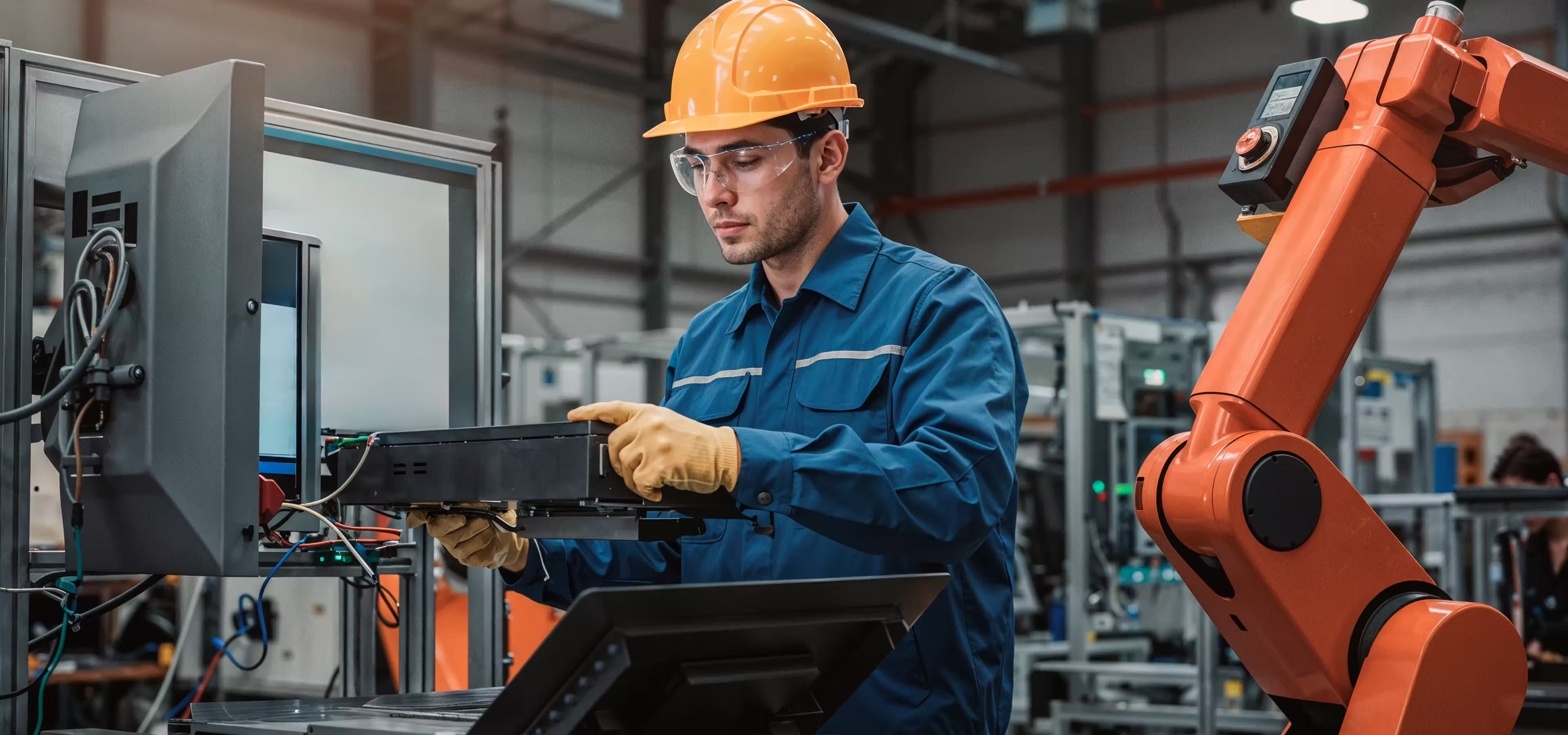 Factory worker in safety gear handling equipment near an orange industrial robotic arm.