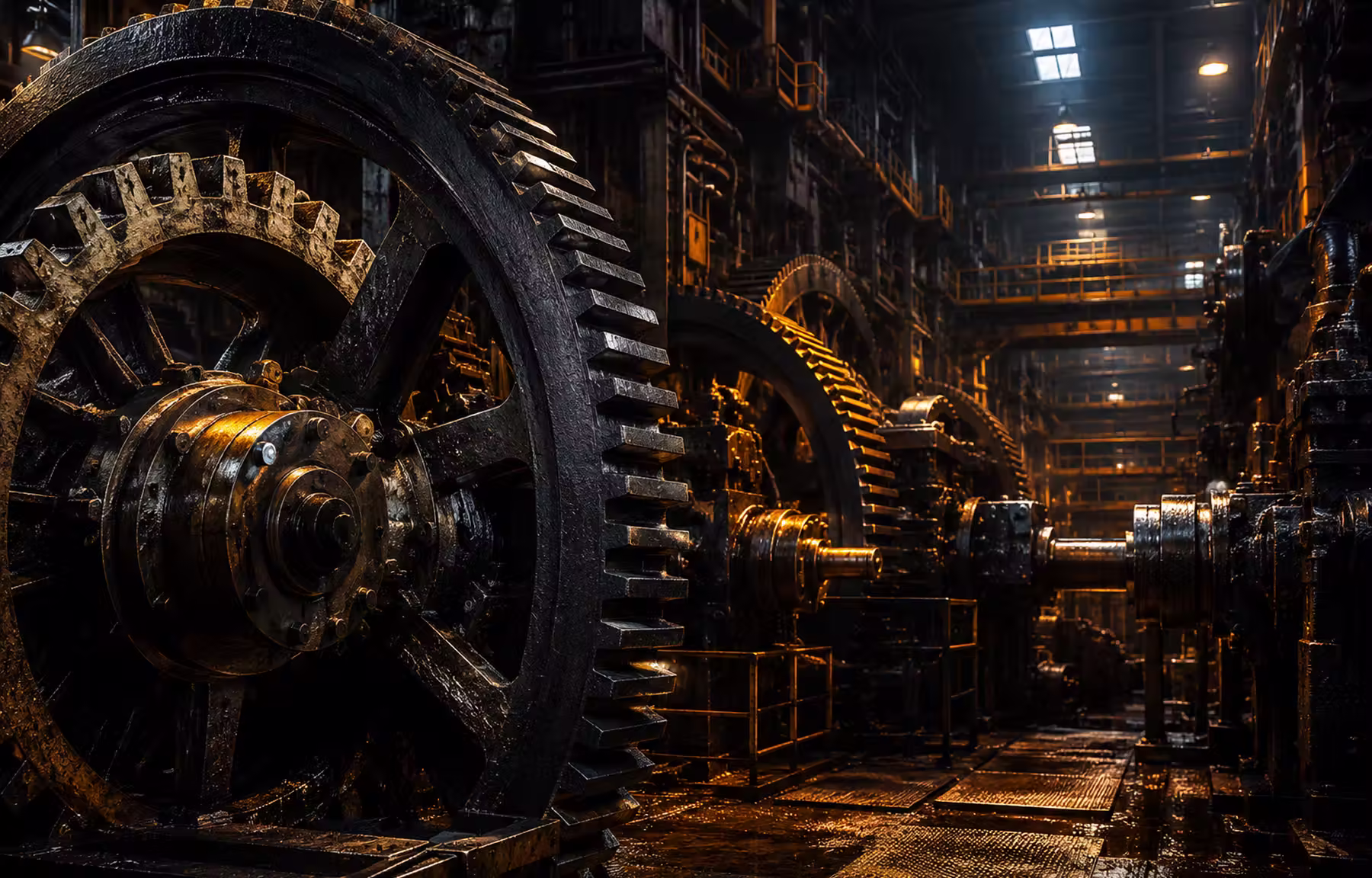 Large metal gears in a dimly lit, industrial factory setting with machinery and walkways.