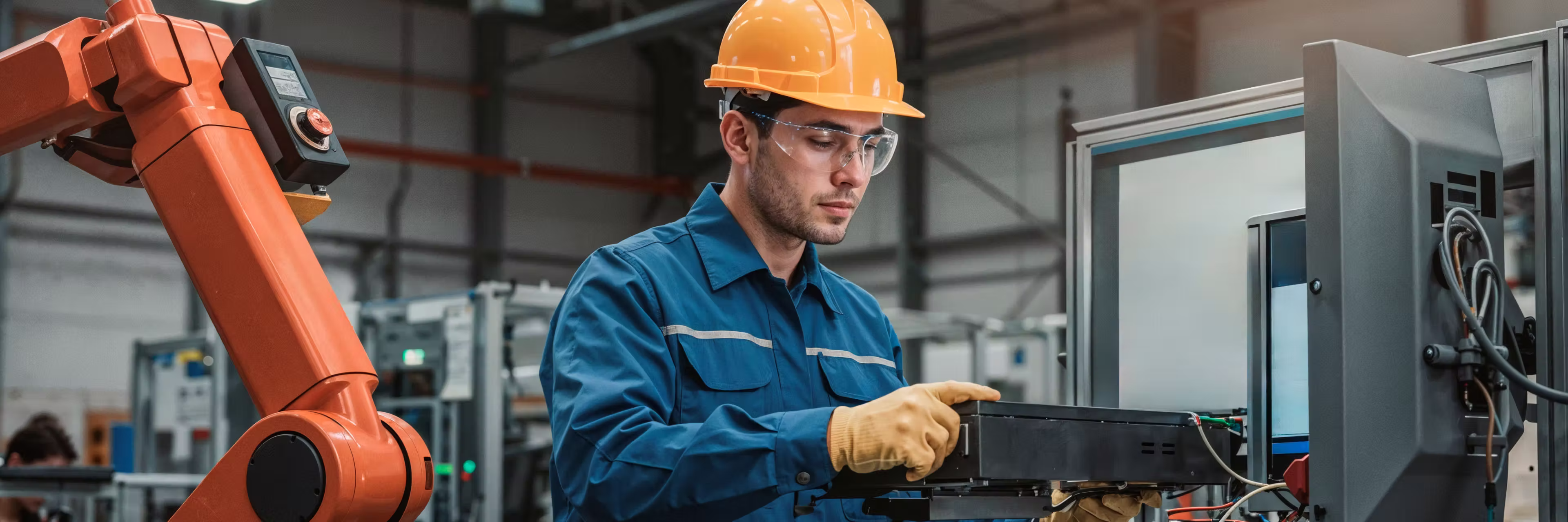 Engineer wearing a hard hat and gloves operating machinery in a factory with a robotic arm nearby.
