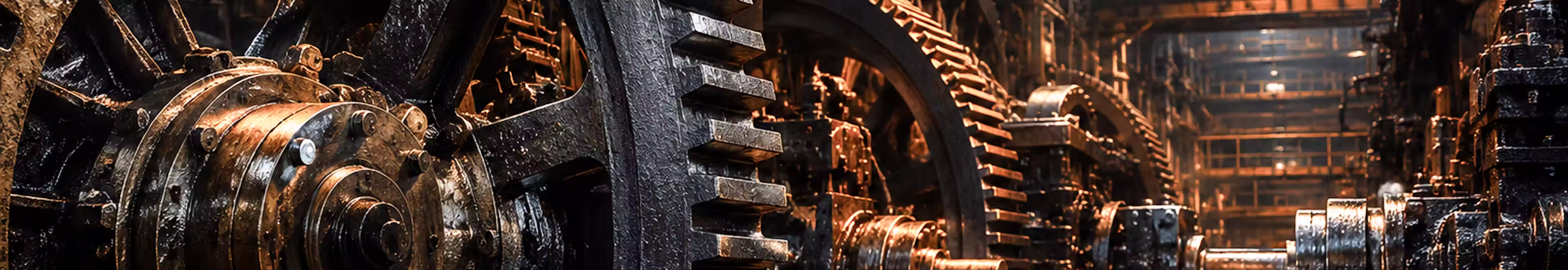 Close-up of large metal gears in a factory with industrial machinery in warm lighting.