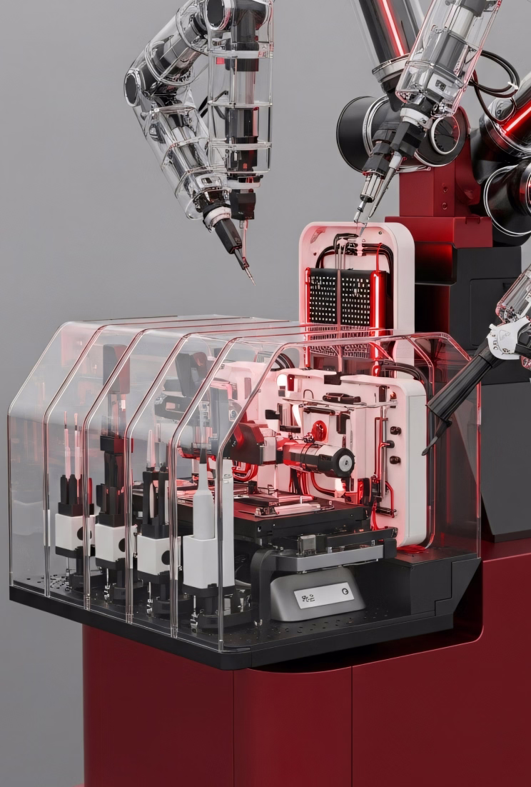 Robotic arms operating on a high-tech industrial machine with transparent protective covers and red lighting.
