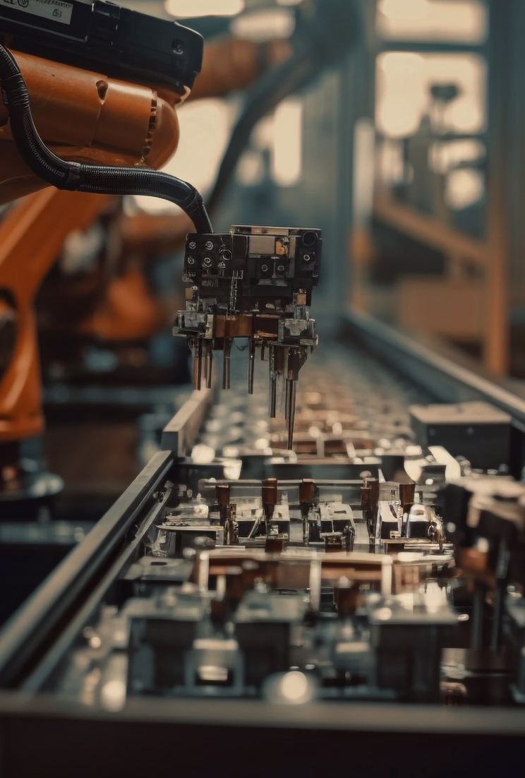 Robotic arm with mechanical gripper working on an industrial assembly line with blurred background.