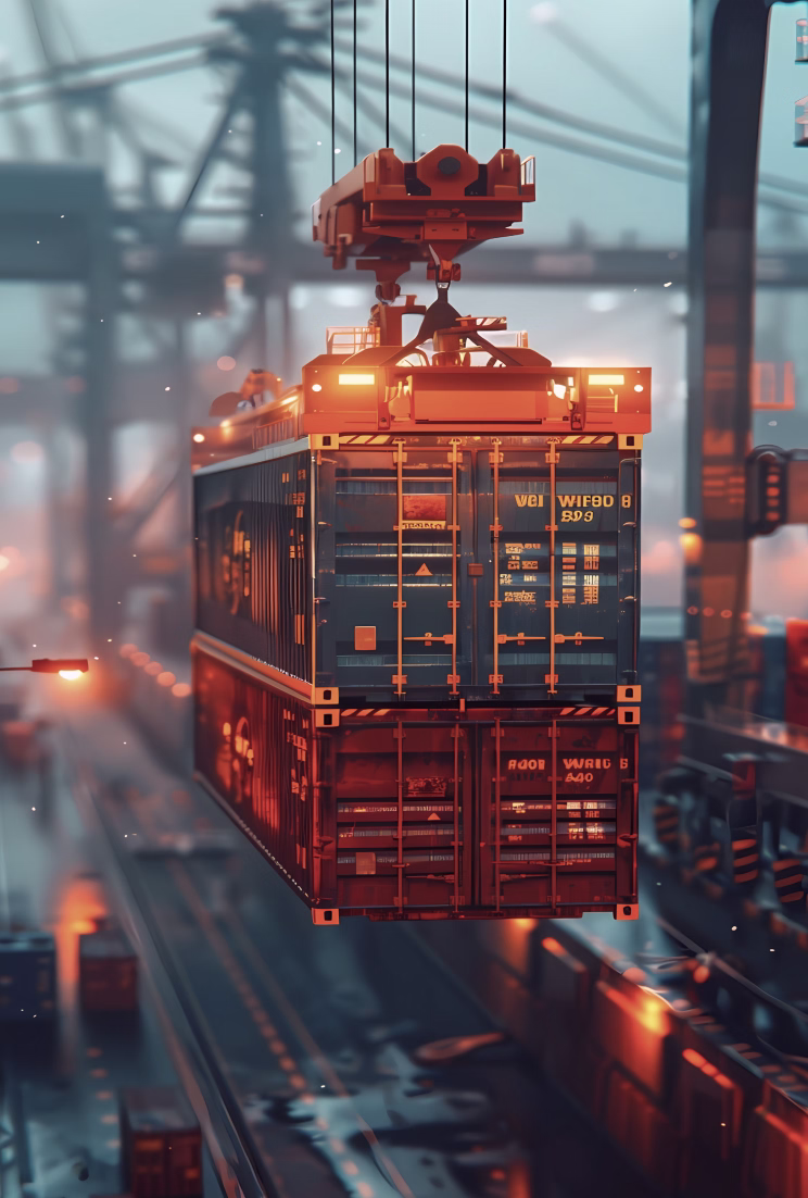 Crane lifting two stacked shipping containers in a busy industrial port at dusk.