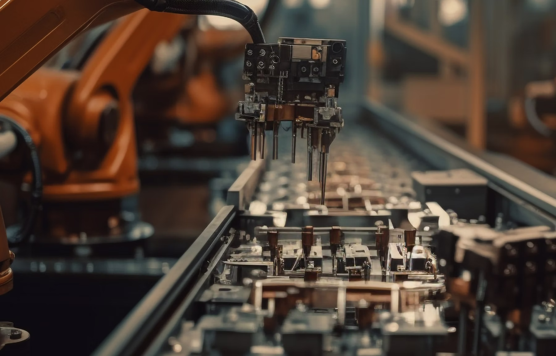 Robotic arm precisely handling components on an automated manufacturing assembly line.