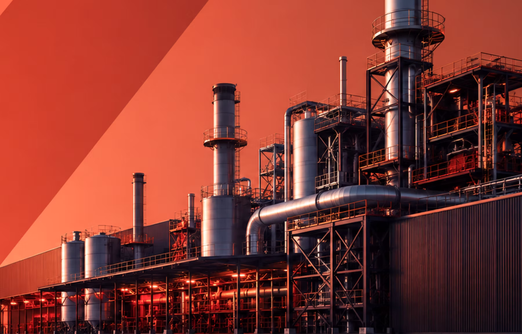 Industrial factory with tall metal chimneys and pipes against a reddish-orange sky.