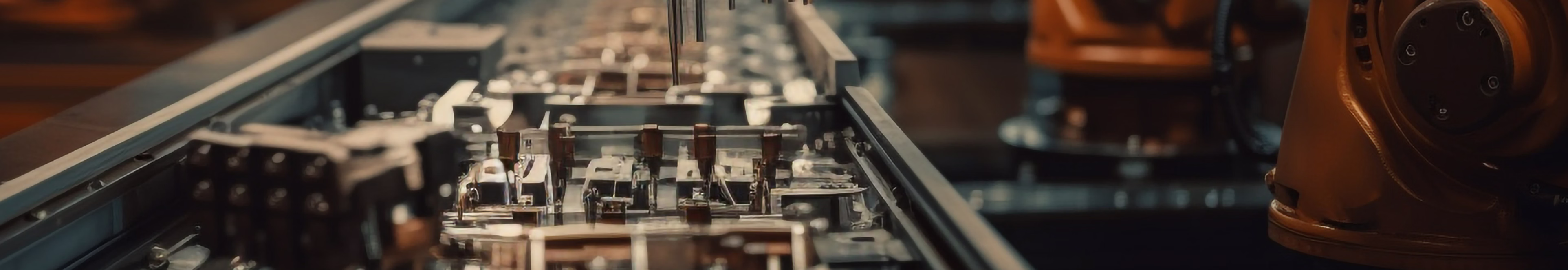 Close-up of an automated assembly line with robotic arms in a factory setting.