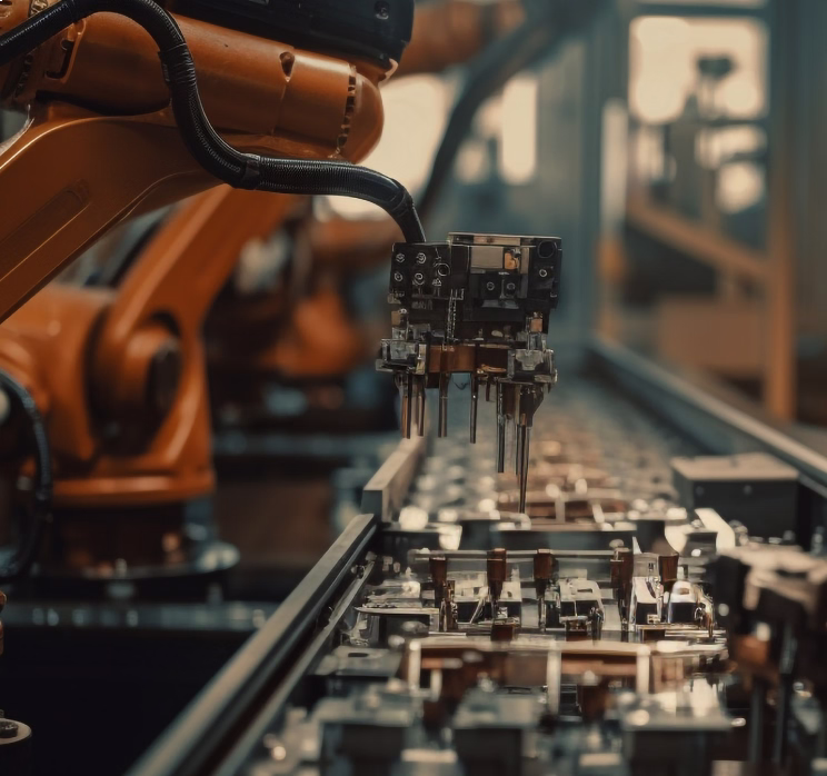 Robotic arm with a precision tool operating on a production line in a factory setting.