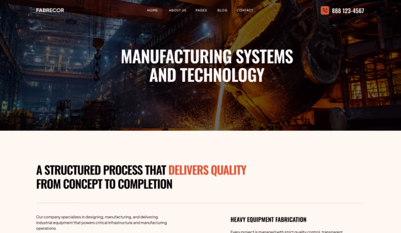 Industrial factory scene with molten metal pouring and text about manufacturing systems and quality process.
