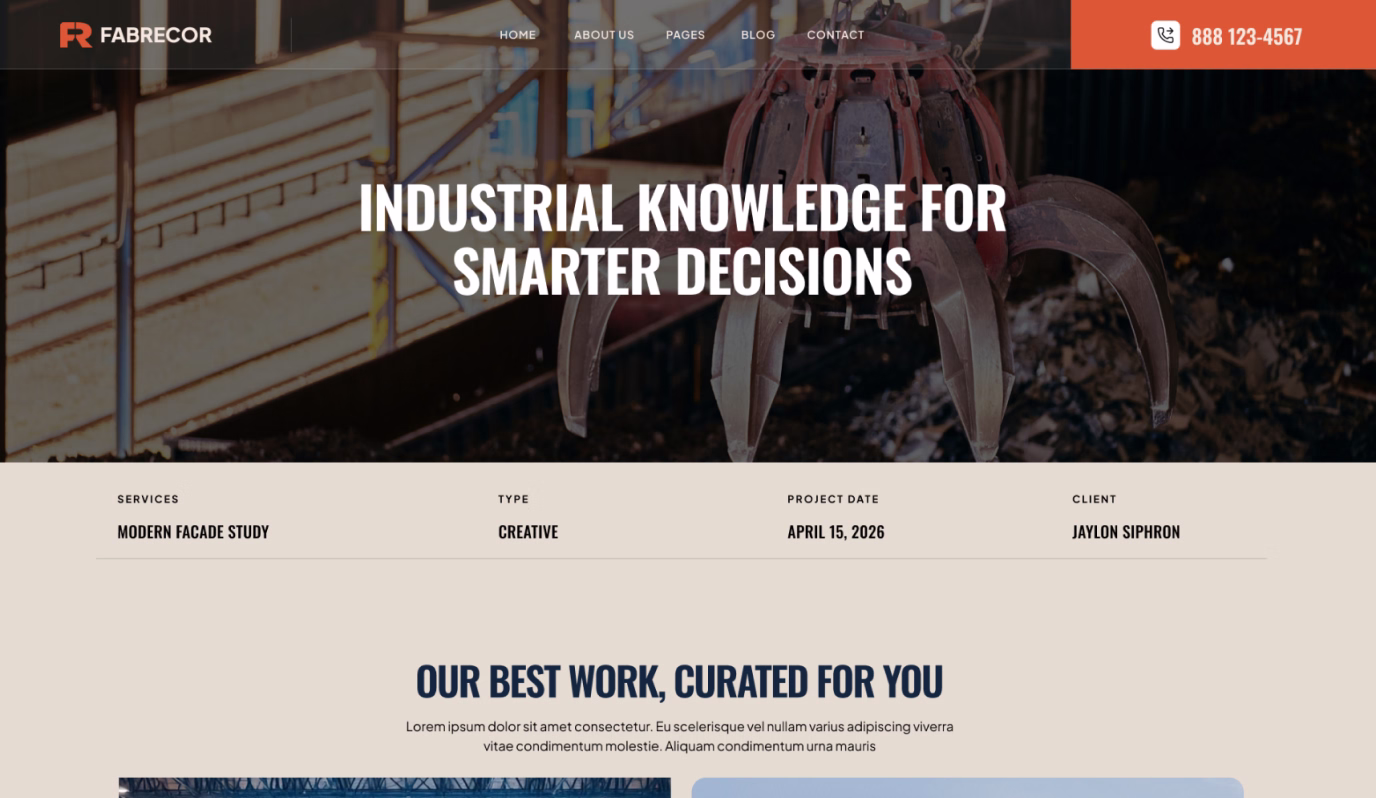 Industrial grab claw in factory setting with text about industrial knowledge and project details.