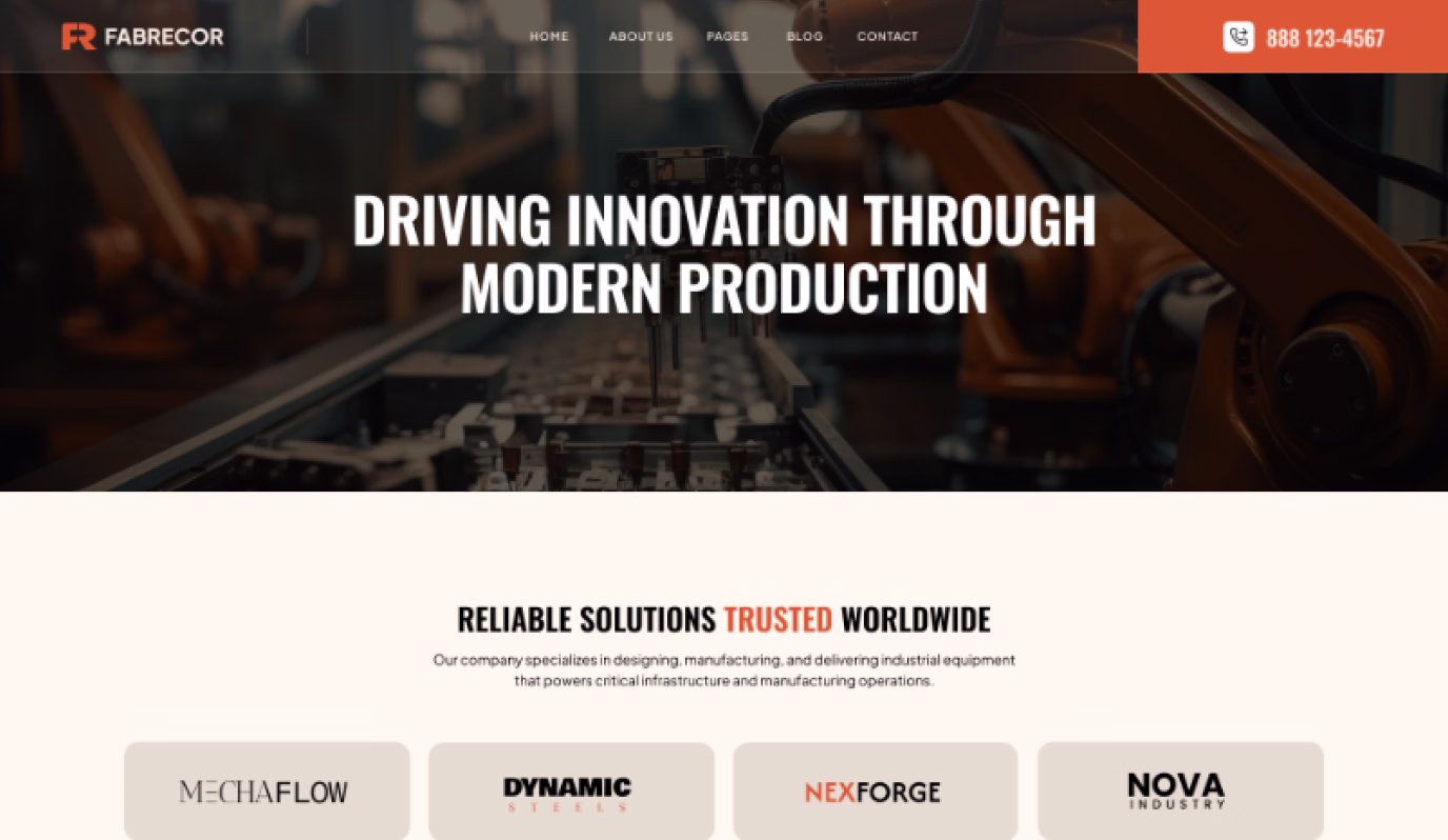 Factory robotic arms working on an assembly line under the text Driving innovation through modern production.