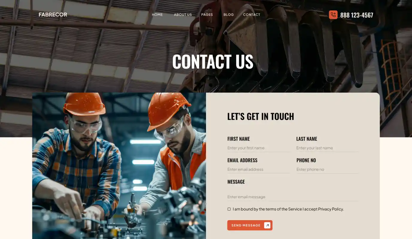 Two industrial workers in helmets and safety glasses at a workstation beside a contact form on a webpage.