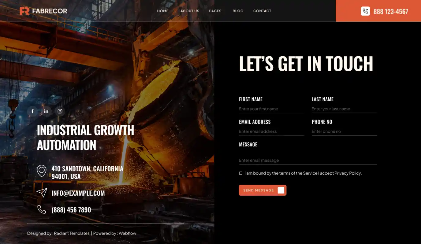Industrial factory scene with molten metal pouring, contact form and company info on black background.