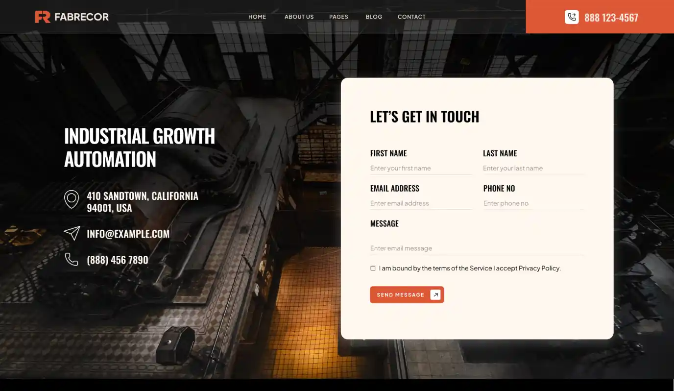 Industrial growth automation webpage with contact form fields for name, email, phone, and message.