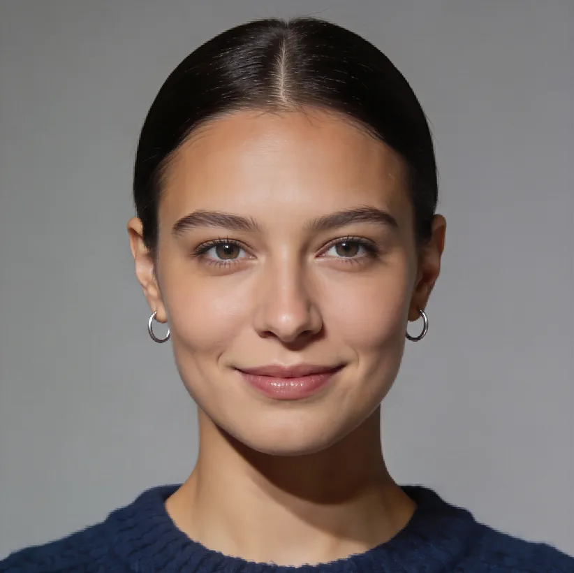 Portrait of a woman with brown eyes and dark hair pulled back, wearing hoop earrings and a navy blue sweater, smiling gently against a gray background.