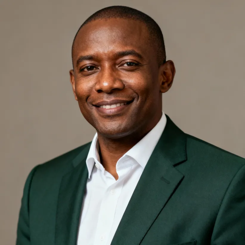 Smiling man wearing a dark green blazer and white shirt against a plain beige background.