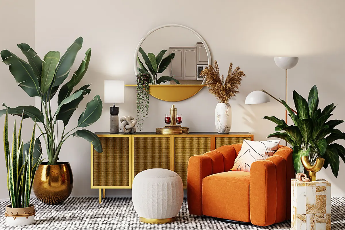 A decorated room with an orange chair, plants, a mirror and more.
